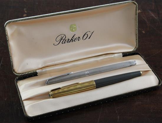 A Parker 61 14k rolled gold fountain pen and a Waterman pen